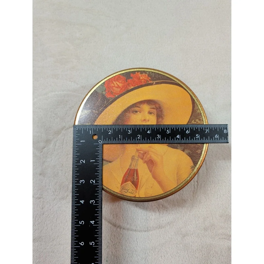 Vintage 1984 Coca-Cola Collectible Tin Girl With Hat Bristol Ware Round Gold 6in